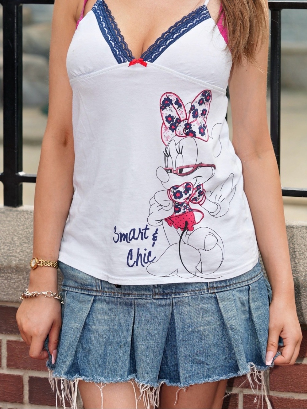 Disney Minnie Mouse Smart & Chic Babydoll Cami Tank Blue Lace Trim 100% Cotton S
